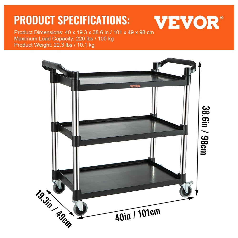 VEVOR Utility Service Cart 3 Shelf Heavy Duty 220LBS Food Service Cart