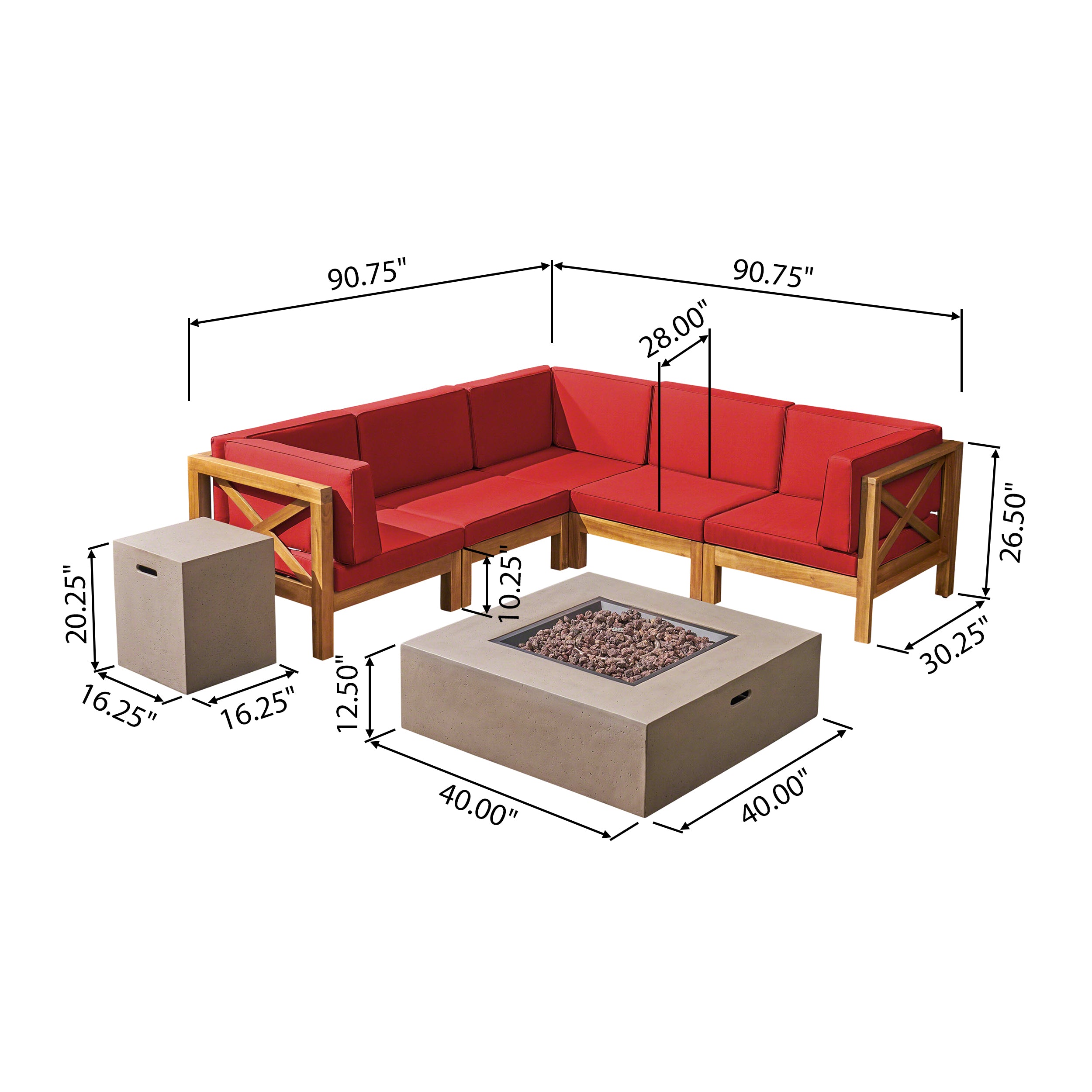 Cynthia Outdoor Acacia Wood 7-Piece Sectional Sofa Set with Fire Pit