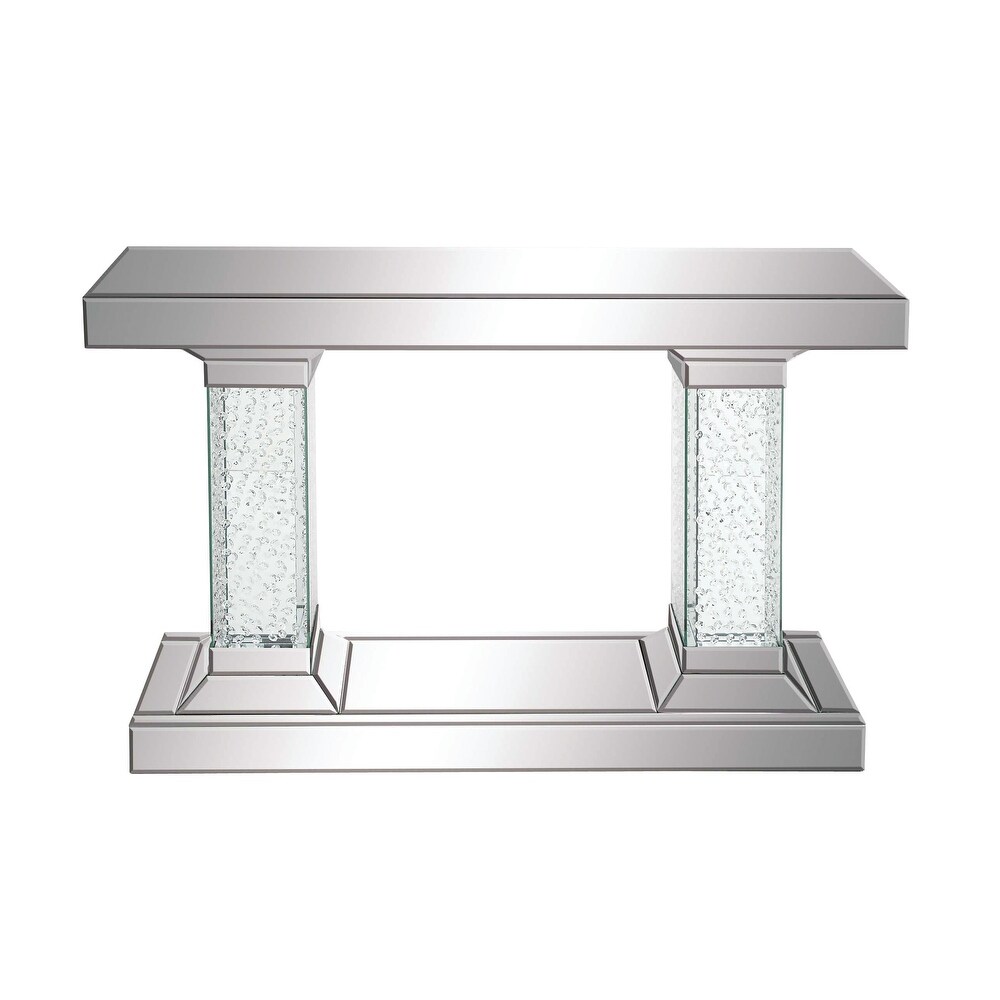 Silver Glass Beveled Mirrored Console Table with Crystal Embedded Pillars   42 x 13 x 31