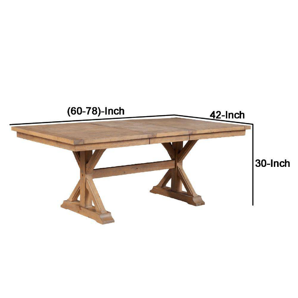 Benjara 42 in. Natural Brown Wood Top Double Pedestal Dining Table with Extendable Leaf and Trestle Base Seats 6 BM283849