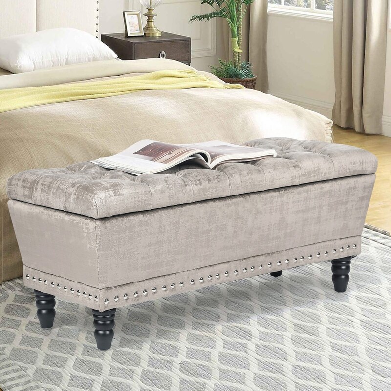 Adeco Button Tufted Trapezoid Storage Ottoman Bench