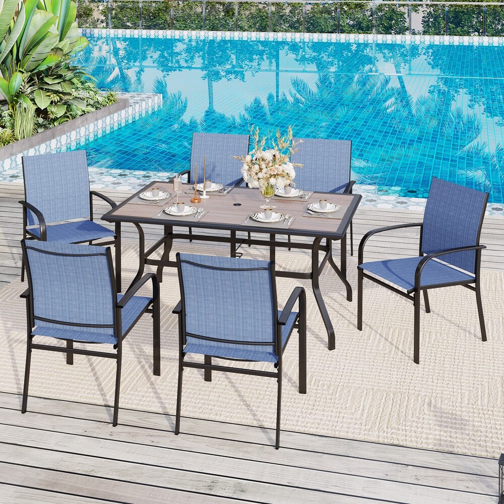 7 Piece Patio Dining Set Wood look Rectangle Table and 6 Textilene Chairs