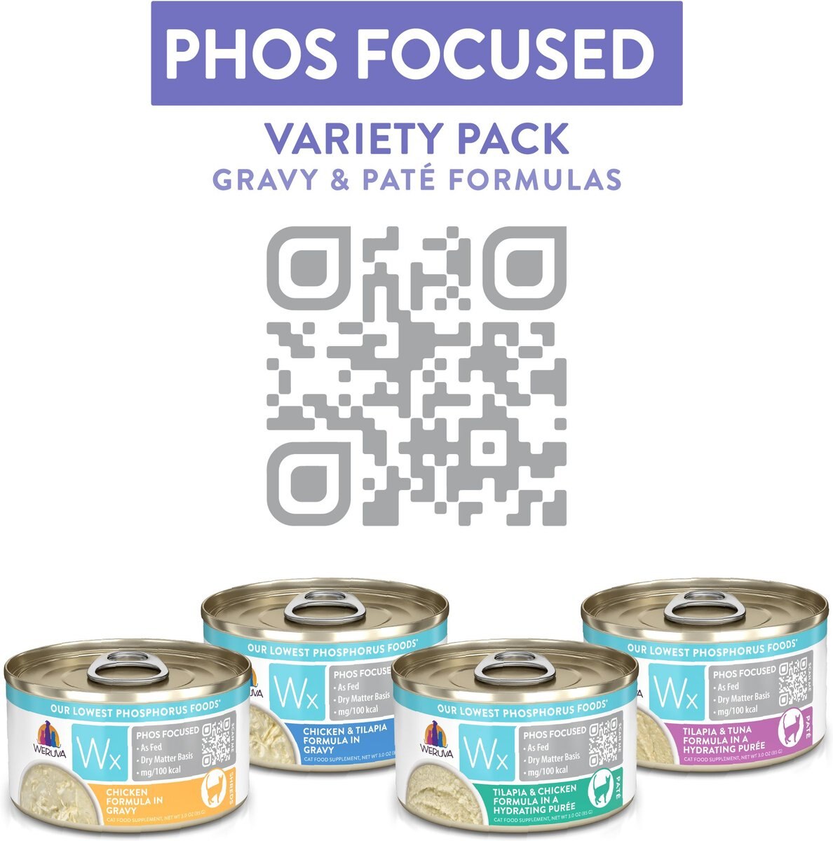 Weruva Wx Phos Focused Pate and Gravy Variety Pack Grain-Free Wet Cat Food， 3-oz can， case of 12