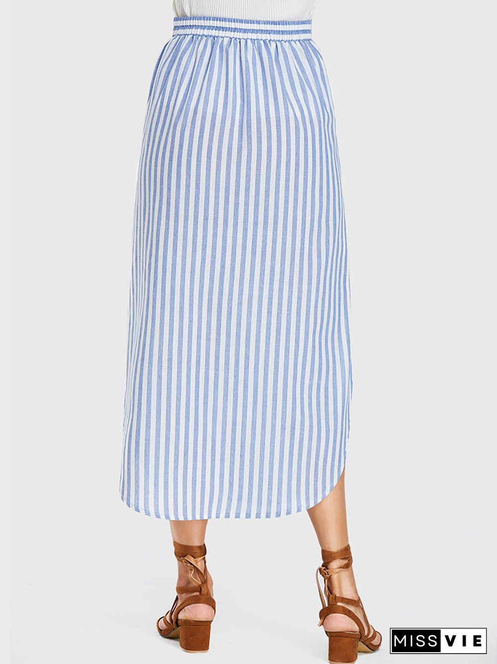 Striped Print Slit Button Pocket Long Casual Skirt for Women