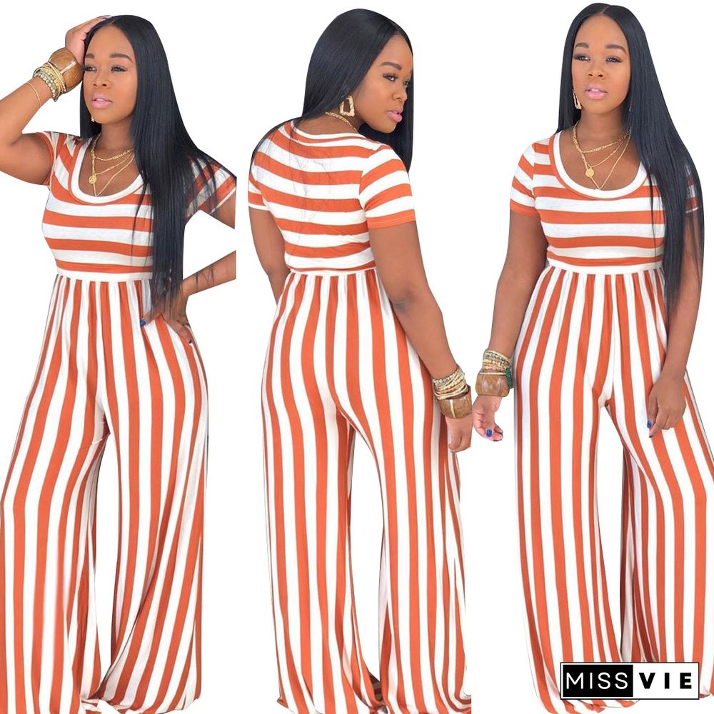 Striped Print Short Sleeve Wide Leg Jumpsuit