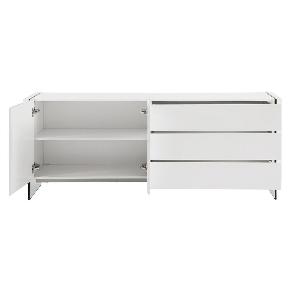 IL VETRO buffet server in high gloss white lacquer with clear glass.