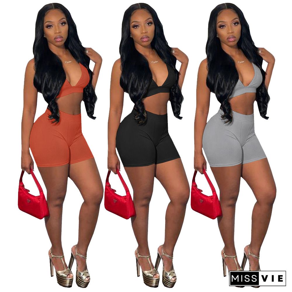 Casual Fitness Solid Color Sexy Backless Deep V Gym Bra Crop Top Shorts Bodycon Two Piece Outfits