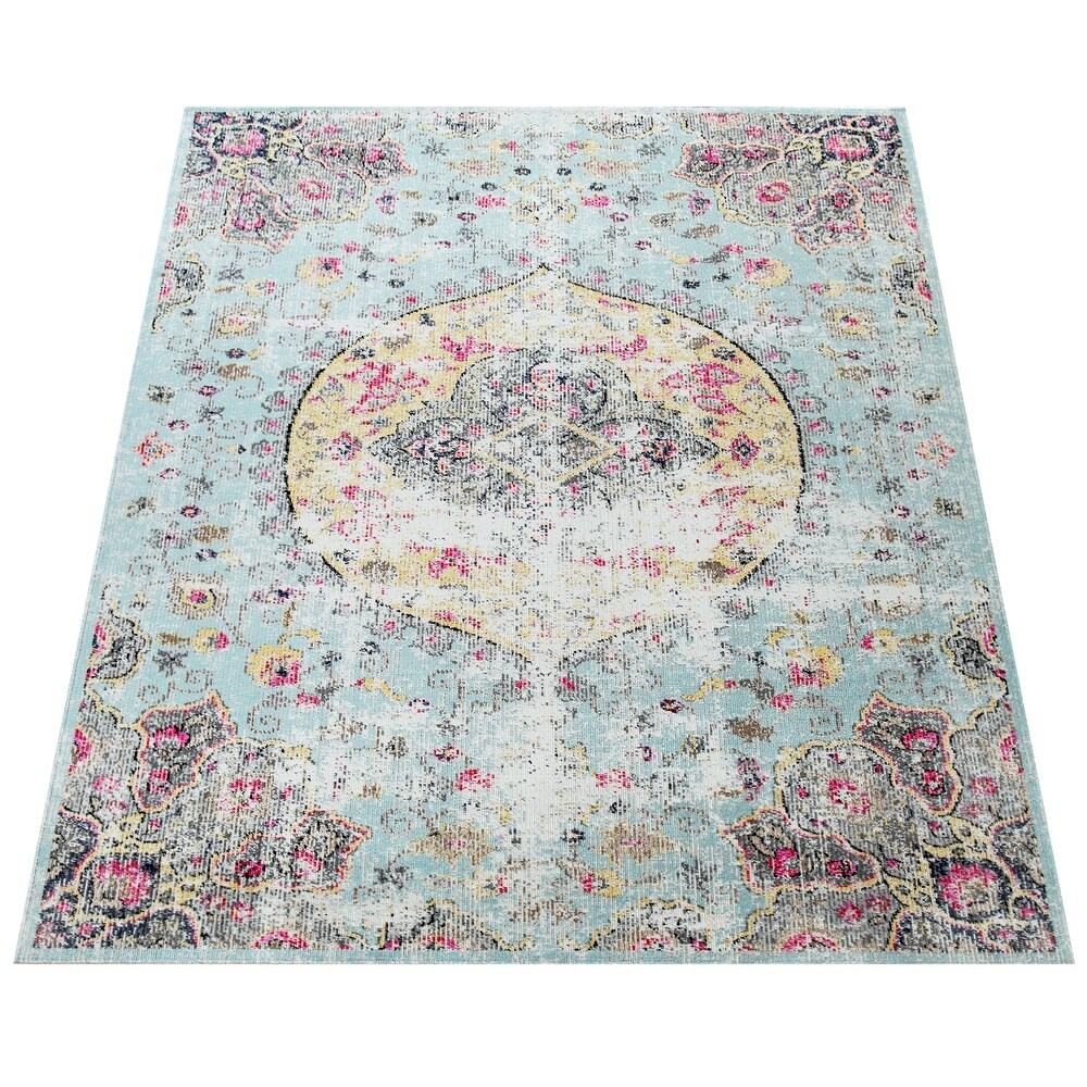 Indoor   Outdoor Rug Oriental Design in Turquoise Pink Yellow Pastel