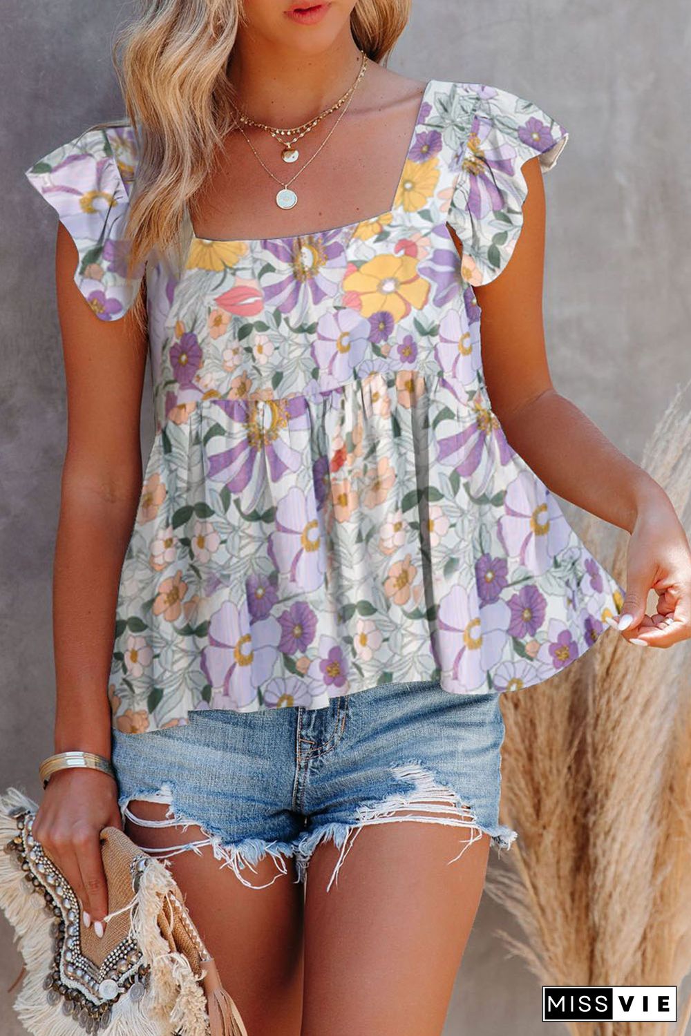 Purple Multicolor Flutter Floral Print Flowy Tank Top