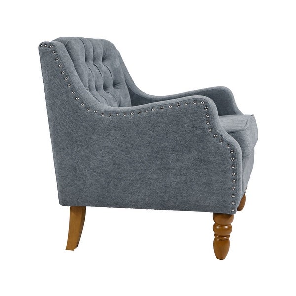 Button Tufted Upholstered Arm Accent Chair with Vintage Studs， Grey