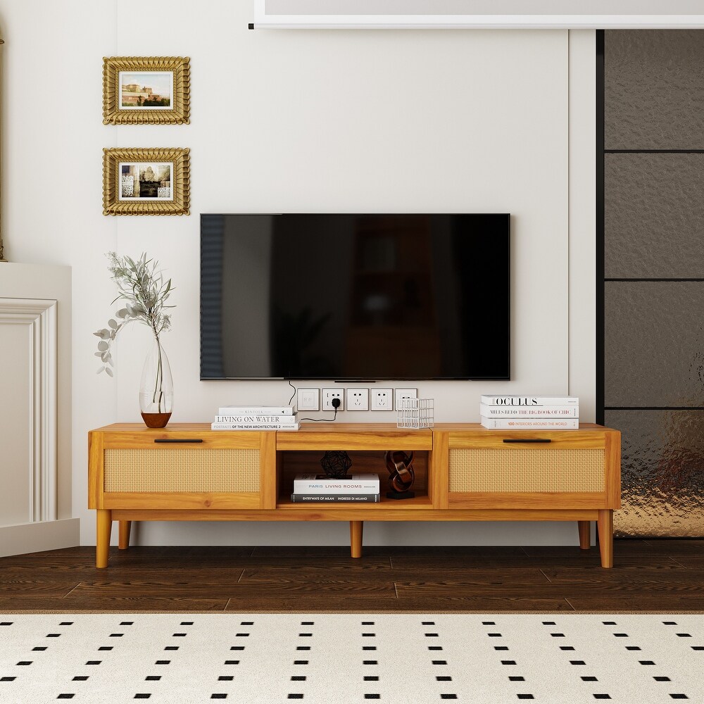 TV Console TableRattan TV Stand with StorageDoors and ShelvesLow TV Console Media Cabinet Furniture for Living Bedroom