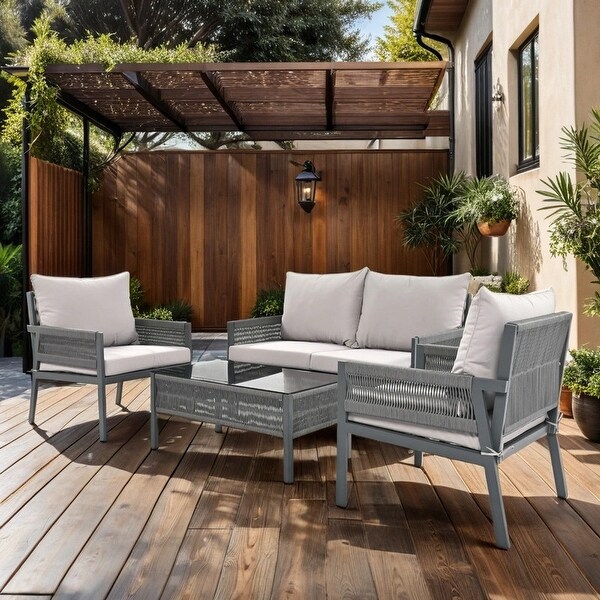 4Piece Patio Conversation Set with Tempered Glass Table，Outdoor Loveseat Chair Set with Thick Cushion for Backyard，Grey