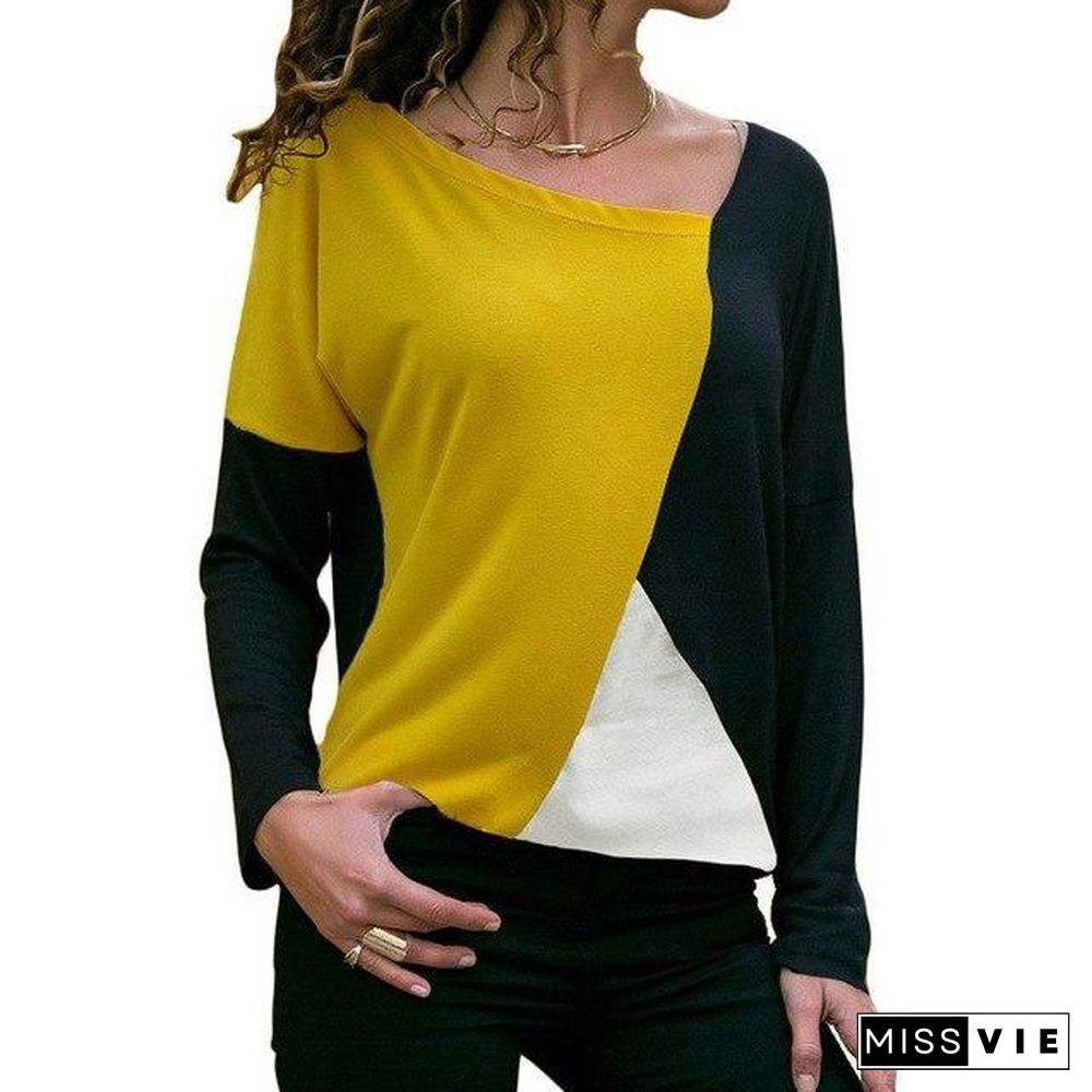 Women Long Sleeve T-Shirt Patchwork Color Block Shirt Pullover Cotton Casual Tops