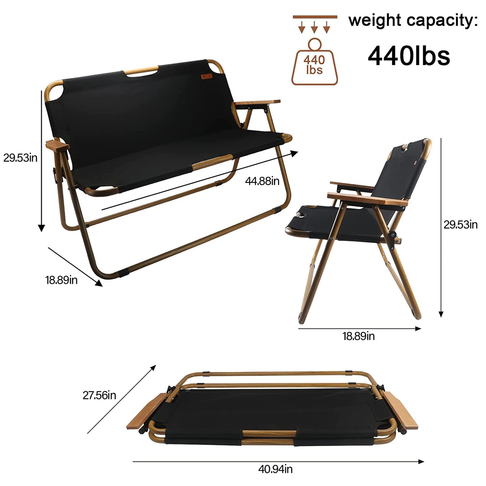 BIGTREE 2-Person Outdoor Folding Chairs Portable Loveseat for Patio Lawn Camping Picnic BBQ Beach, Black