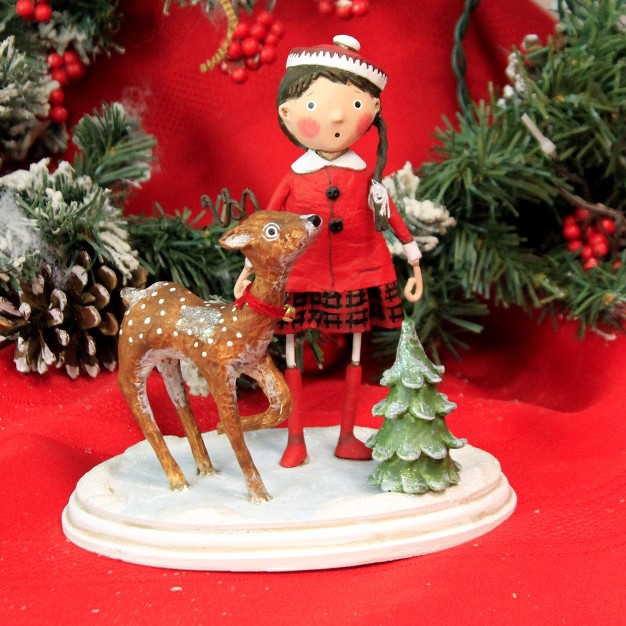 Lori Mitchell Winter Wonderland One Figurine 6 75 Inches Deer Tree Snow Christmas 12262 Polyresin Red