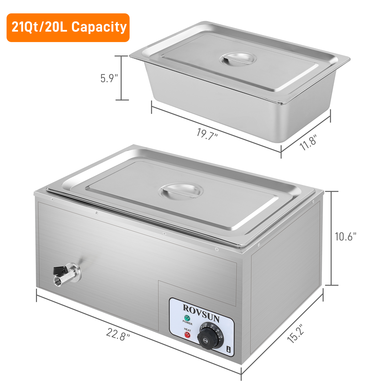 ROVSUN 21QT Electric Commercial Food Warmer， Full Pan Stainless Steel Bain Marie Buffet Countertop w/ Temperature Control and Lid