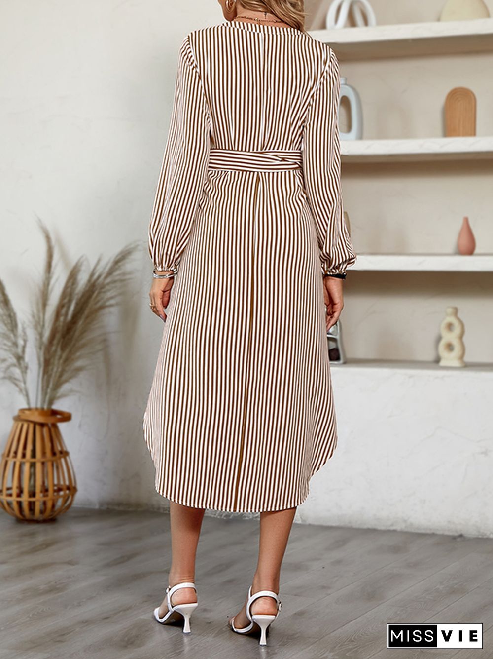 A-Line Long Sleeves Striped Tied Waist V-Neck Midi Dresses Shirt Dress