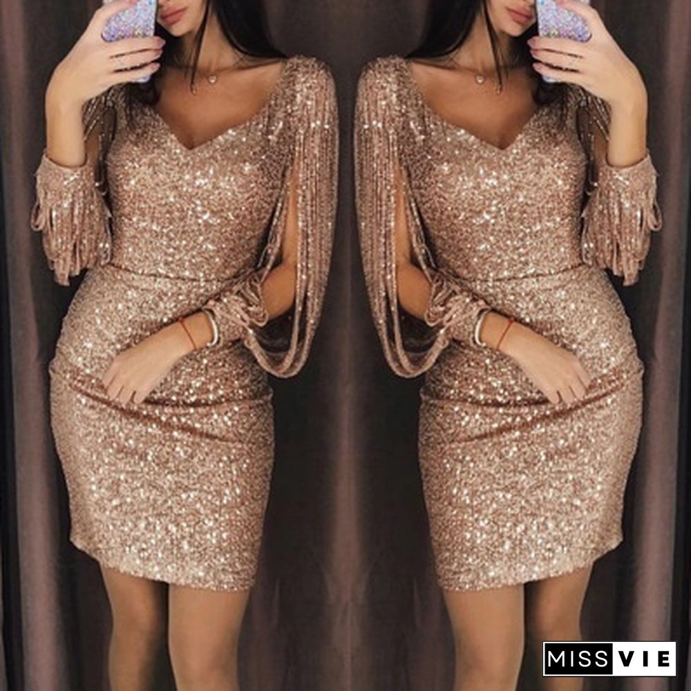 3 Color Xs-8Xl Super Sexy Ladies Vogue Tassels Detail Slit Sleeve Sequin Party Dress Female Nightclub Midi Dresses