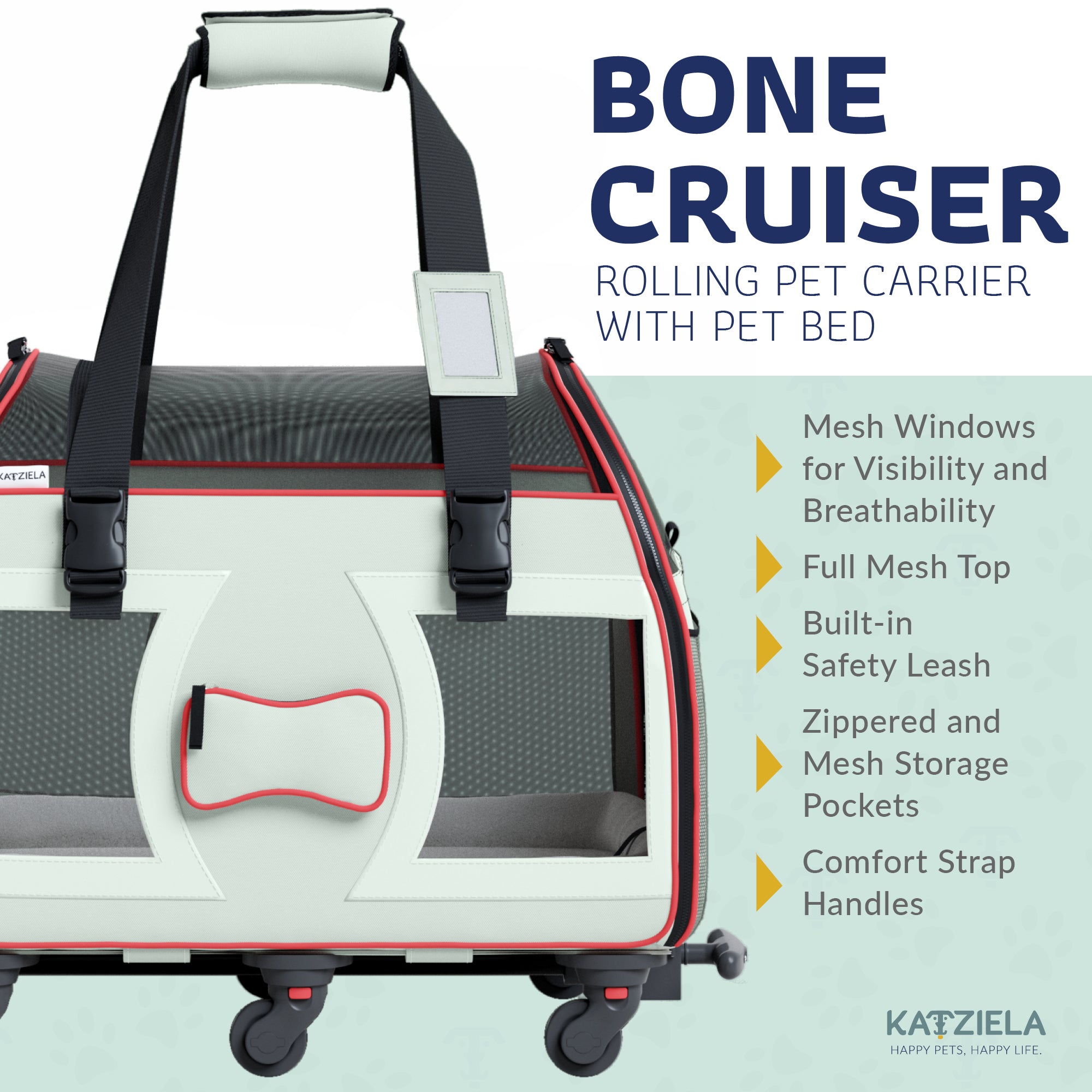 Katziela Bone Cruiser Pet Carrier with Removable Wheels - Telecopic Handle - Airline Approved (Gray)