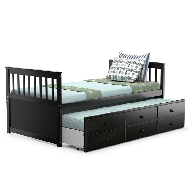 Twin Captain's Bed with Trundle Bed, Storage Daybed with 3 Drawers, Wooden Platform Bed for Kids Guests Sleepovers