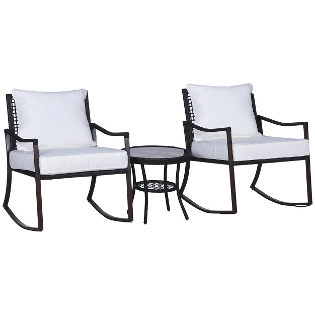 Outsunny 3 piece Bistro Set Outdoor Wicker Furniture Set With Rattan Rocking Chair Side Table For Patio Backyard Garden And Balcony