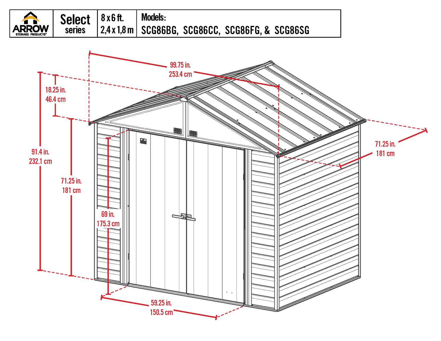 Arrow Select Steel Storage Shed, 8x6 ft, Peak Roof, Blue Grey