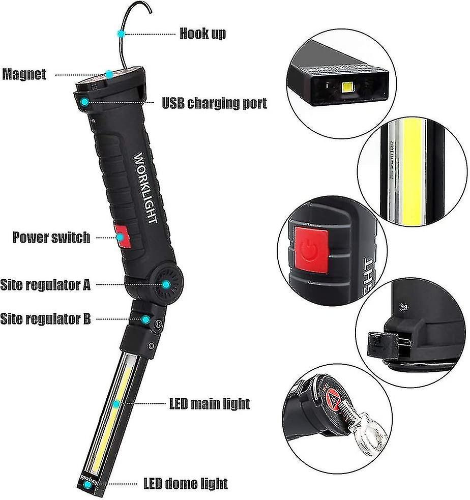 Cob Led Work Light， Size L， Usb Rechargeable Torch With Magnetic Base， 360rotate And 5 Lighting Modes Portable Inspection Work Light Handy Flashlight，