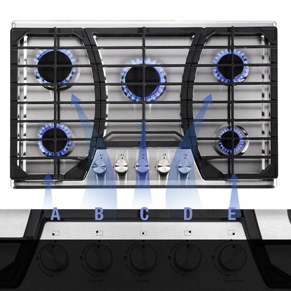 30 in. Gas Cooktop，Stainless Steel Gas Cooktop，NG/LPG Convertible Gas Burners，5 Burners Gas Stovetop.