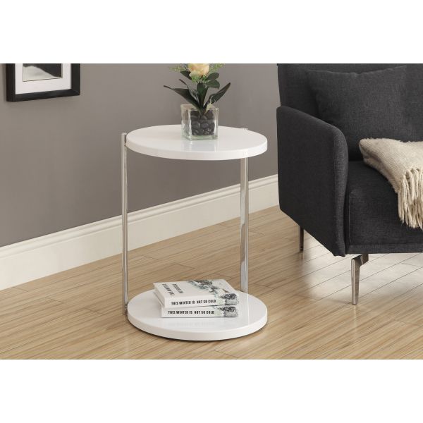 Accent Table， Round， Side， End， Nightstand， Lamp， Living Room， Bedroom， Glossy White Laminate， Chrome Metal， Contemporary， Modern