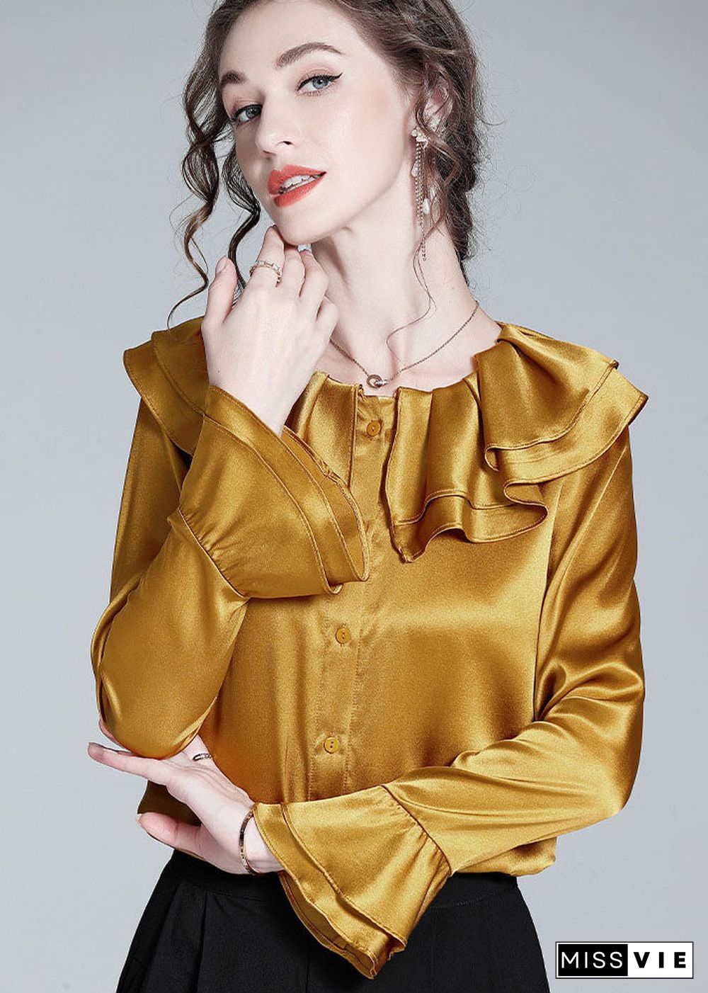 Style Gold Ruffled Patchwork Button Silk Shirt Flare Sleeve