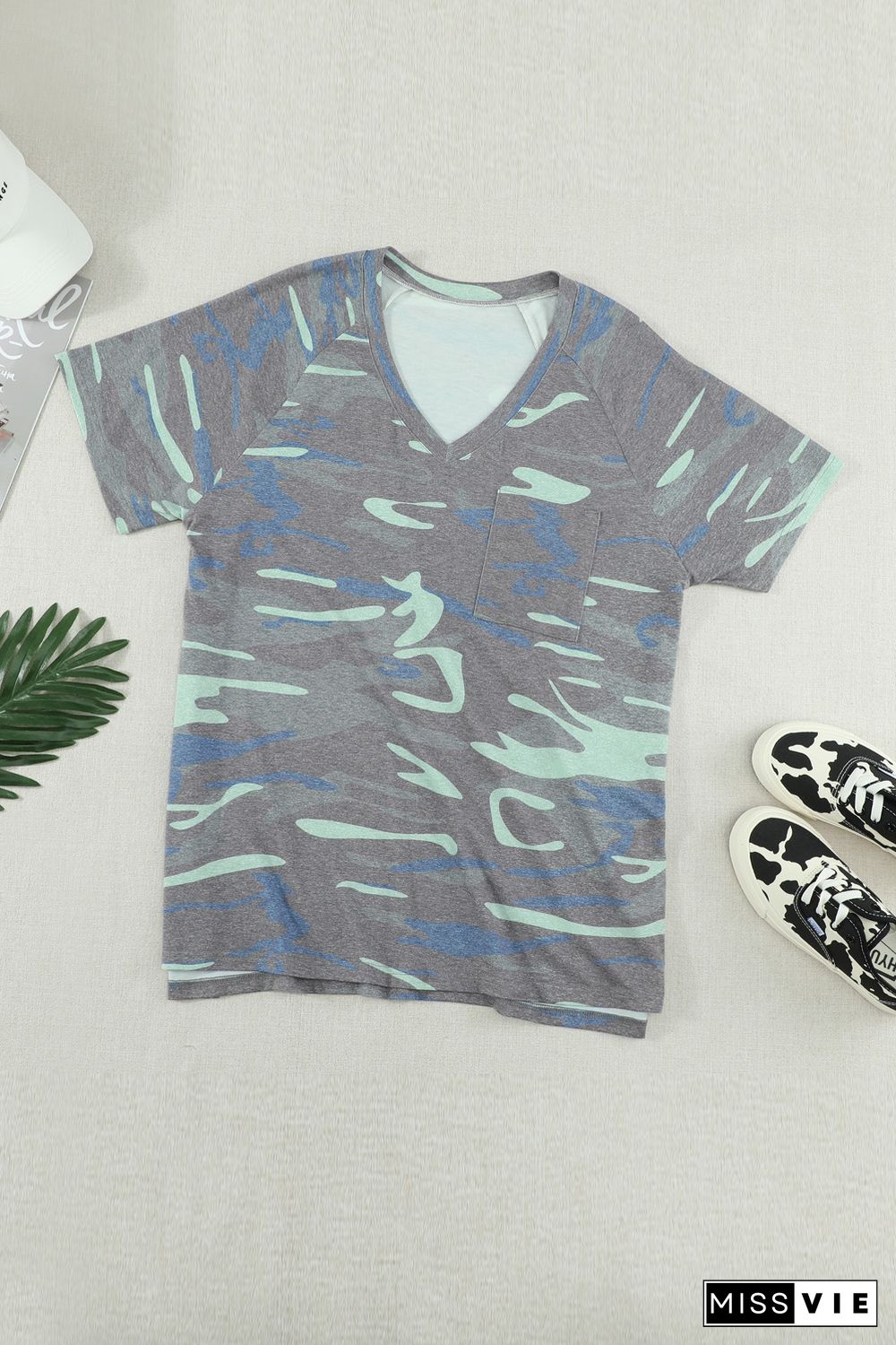 V Neck Front Pocket Camo Tee