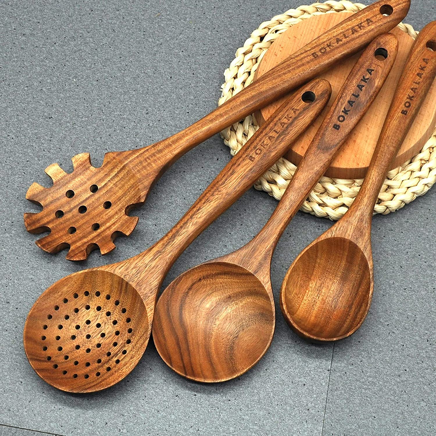 BOKALAKA Wooden Spoons for Cooking，10 Pcs Natural Teak Wooden Kitchen Utensils Set Wooden Utensils for Cooking Wooden Cooking Utensils Wooden Spatulas for Cooking