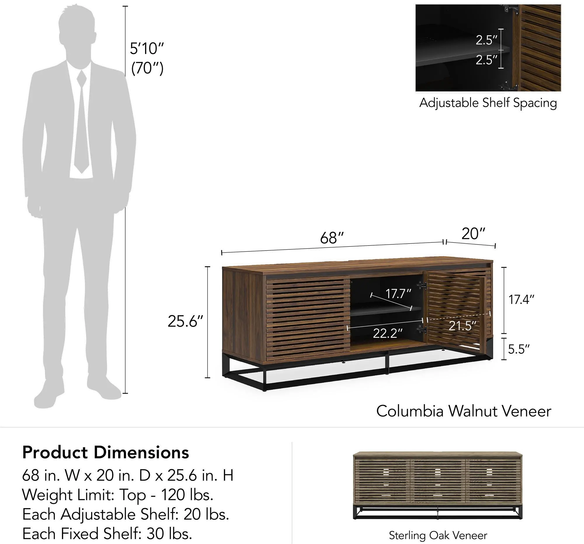 Alphason Studio Oak 68 Media Console with Beveled Steel Base