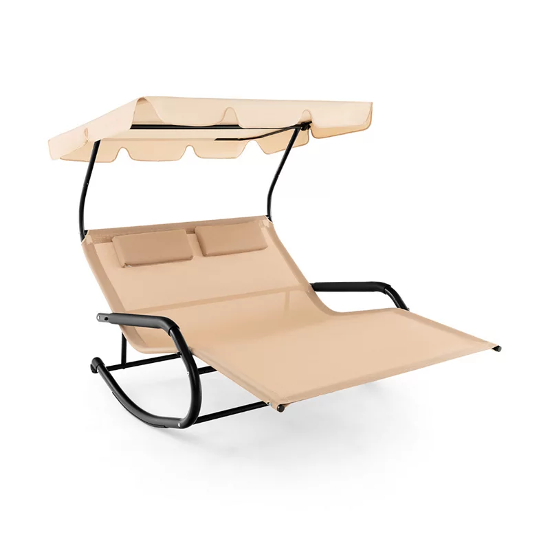 Outdoor 2 Persons Rocking Chaise Lounge with Canopy and Wheels-Beige