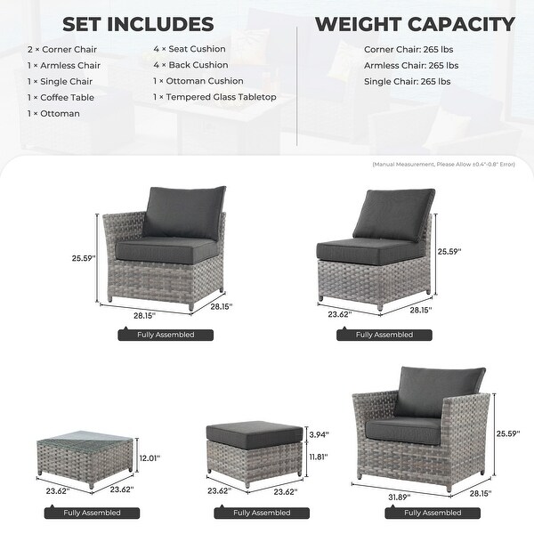 HOOOWOOO Patio Furniture Outdoor 6piece Grey Rattan Sectional Set with Ottoman