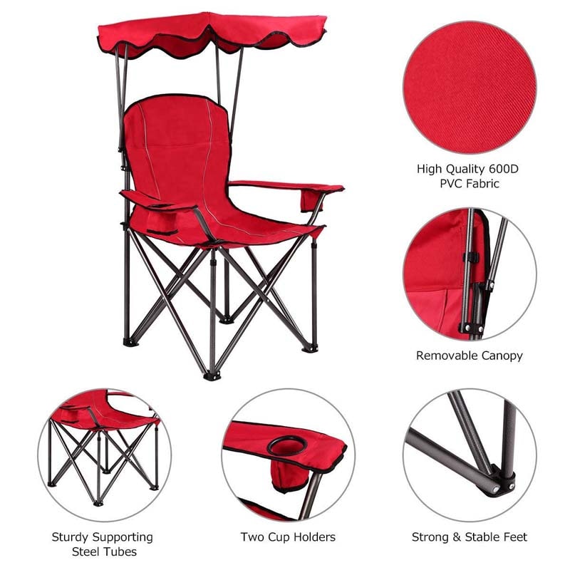 Outdoor Canopy Chair, Portable Folding Beach Chair with 2 Cup Holders, 600D PVC Fabric Camping Chair Lawn Chair