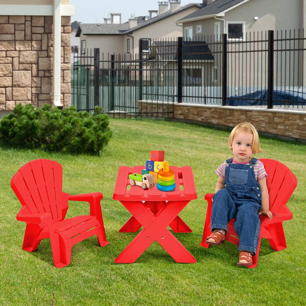 Costzon Kids Plastic Table and 2 Chairs Set, Adirondack Chair for Indoor & Outdoor Garden