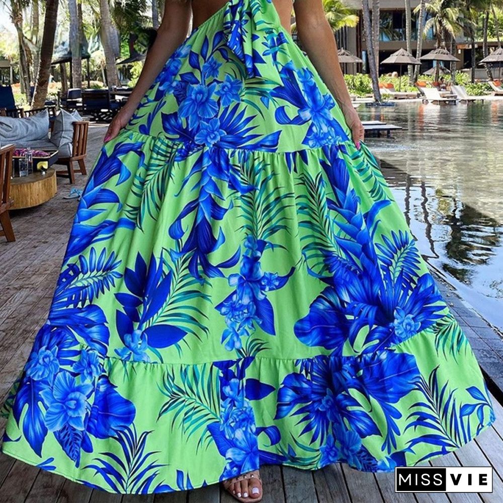 Women Sexy Elegant All Over Print Spaghetti Straps Midriff Maxi Vacation Beach Dresses