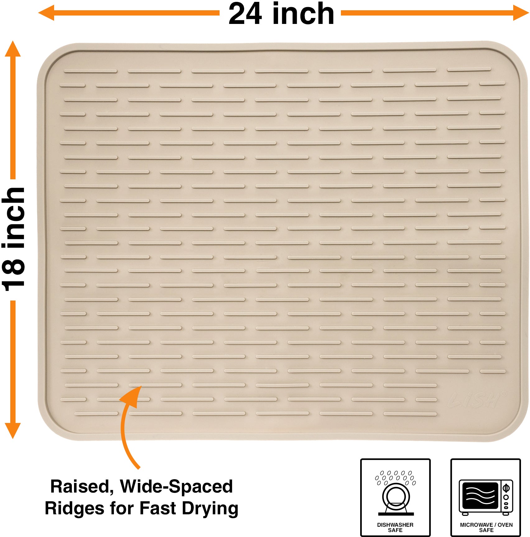 XXL Super Size Silicone Dish Drying Mat 24 x 18 Inch - Large Counter Top Dish Pad and Trivet by LISH (Beige)