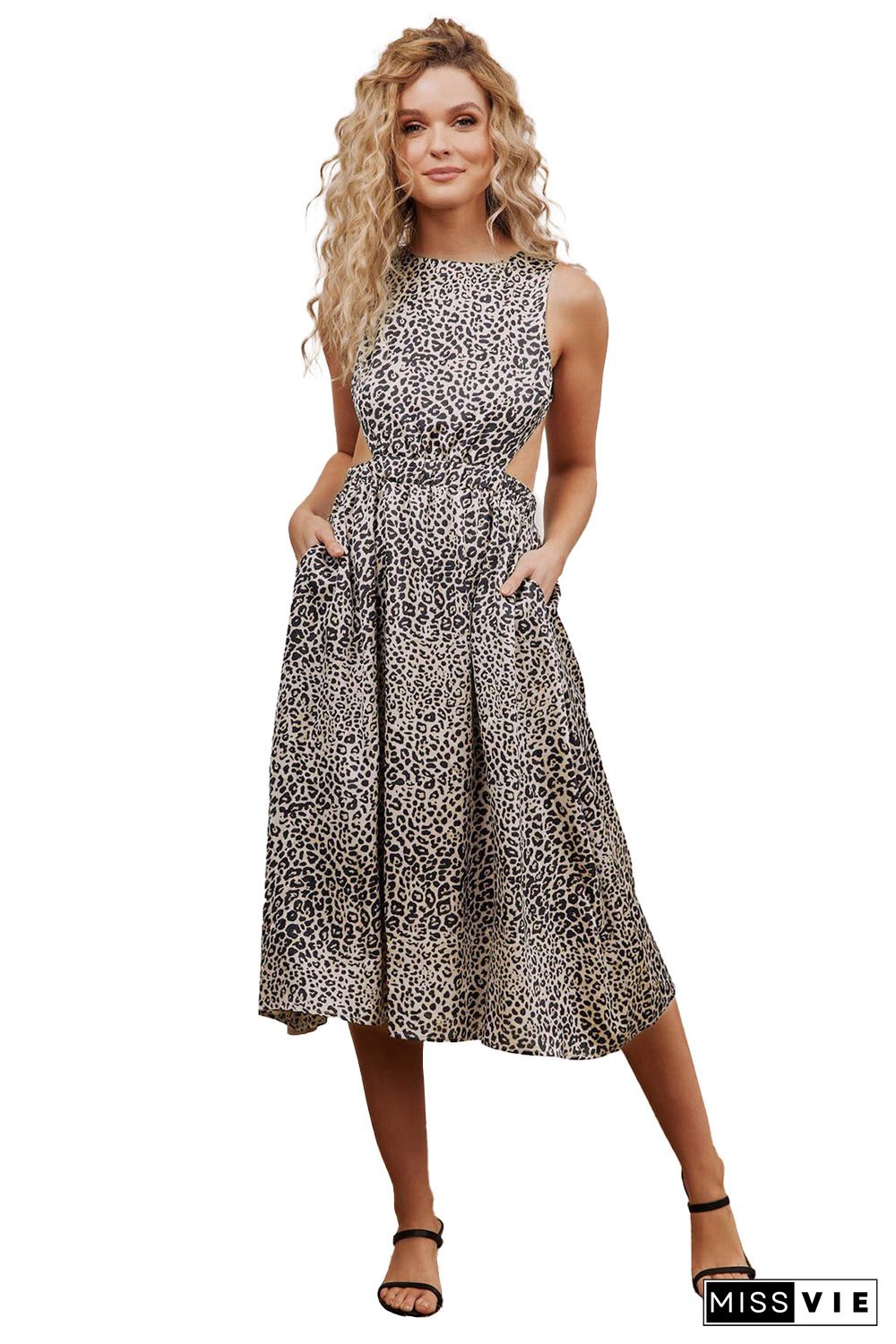 Leopard Print Cut-out Open Back High Waist Midi Dress