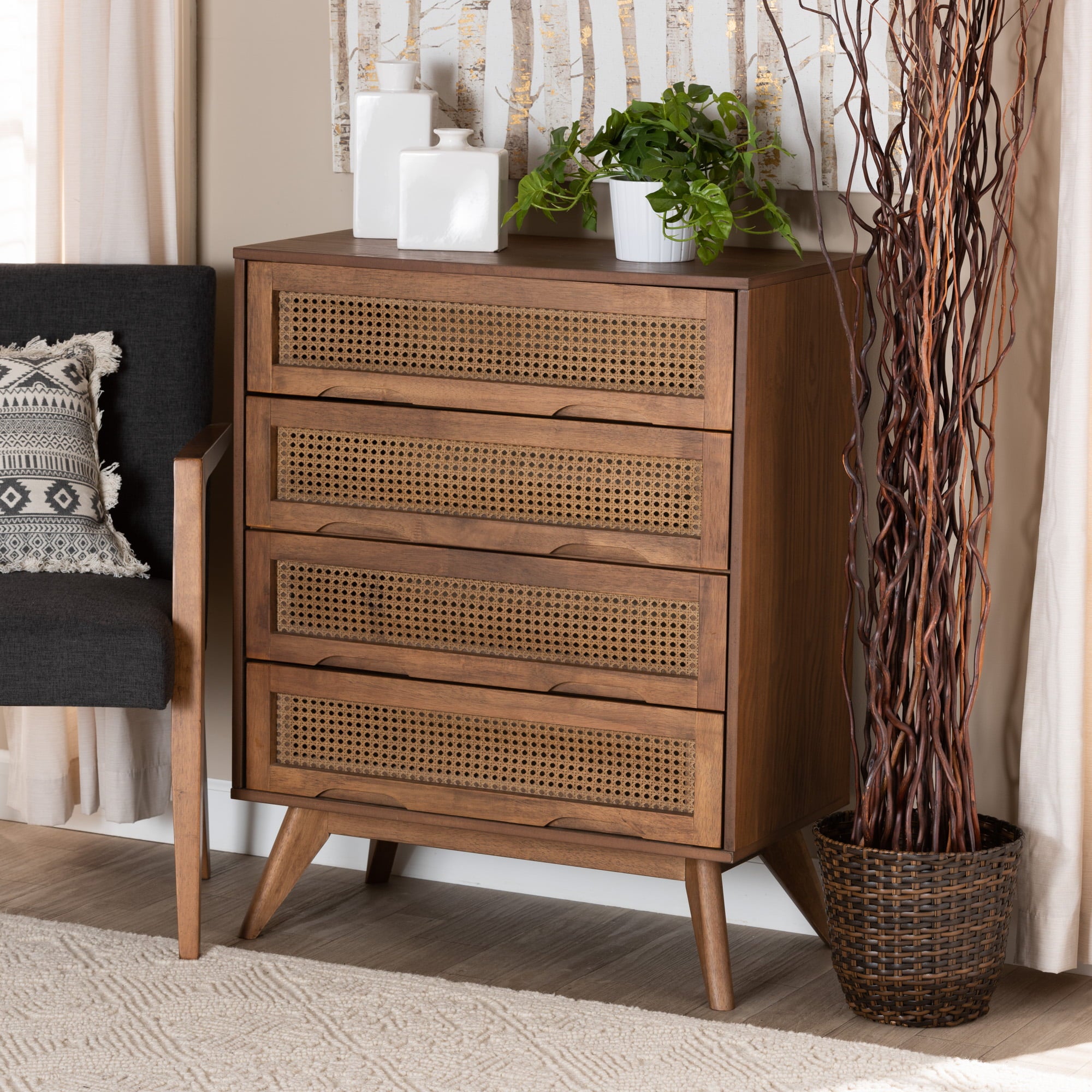 Baxton Studio Barrett Mid-Century Modern Walnut Brown Finished Wood and Synthetic Rattan 4-Drawer Chest