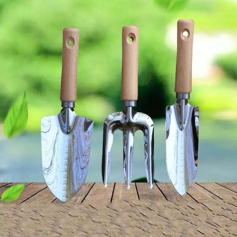 Wholesales Japanese Garden Tool Set 3 Pcs Heavy Duty Stainless Steel Large Transplant Trowel Hand Cultivator With Wood Handle