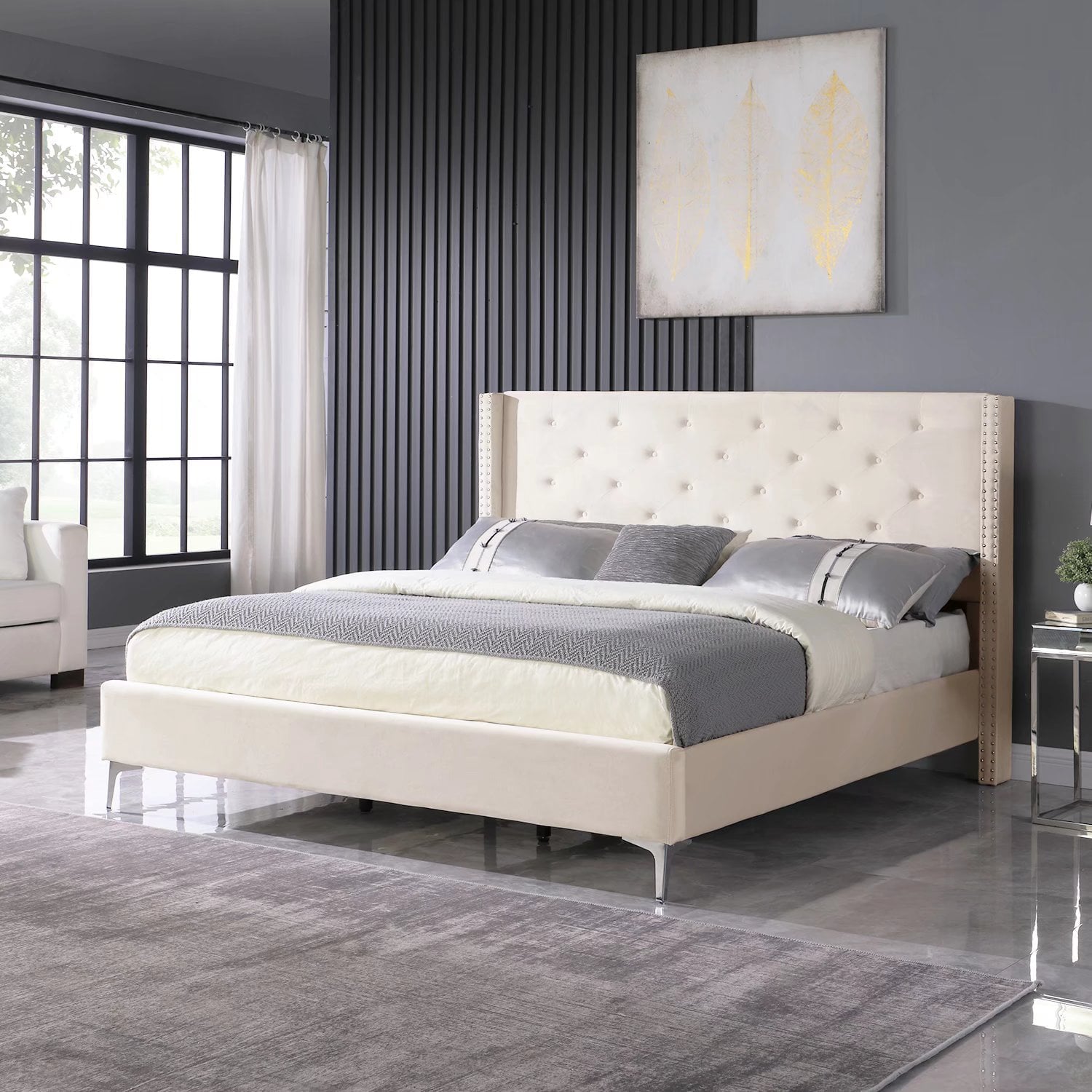 Morden Fort Wood Platform Bed Frame with Upholstered Headboard California King Cream