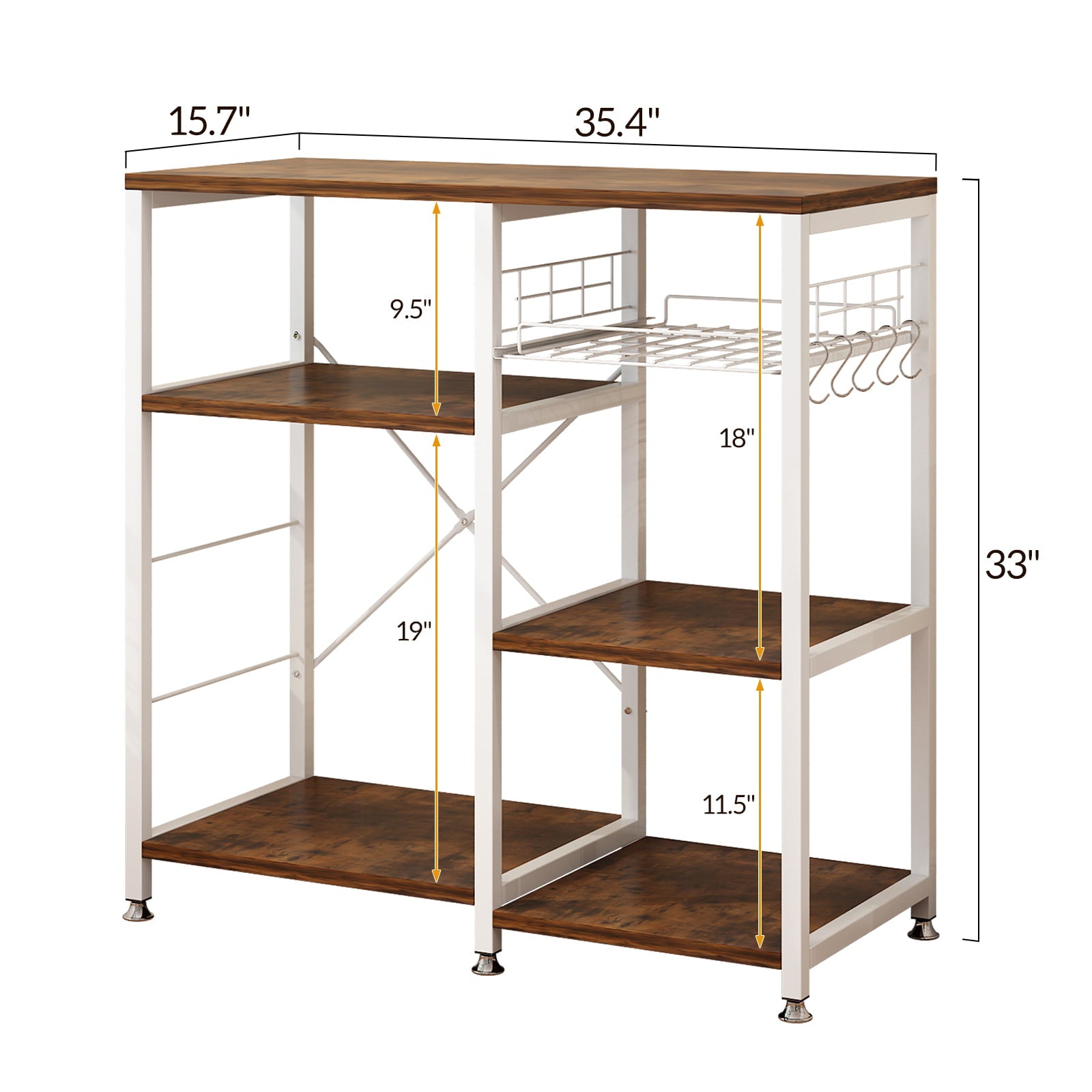 Zimtown Industrial Bakers Rack， Kitchen Microwave Oven Stand， Kitchen Island Storage Shelves Workstation with 2 Mesh Baskets and 6 Hooks，Rustic Brown