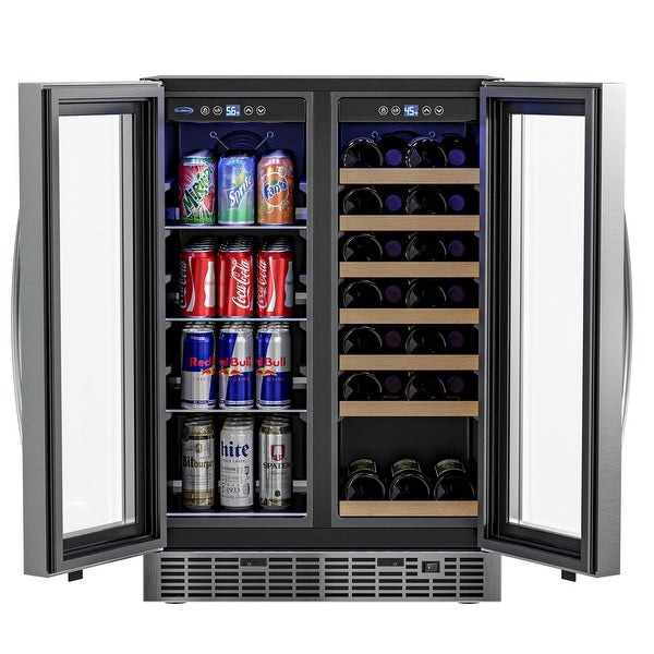 24 in. Dual Zone， Full Glass Door， Wine and Beverage Cooler， Freestanding or Built-in， Holds up to 21-Bottles 60-Cans， 4 cu ft.