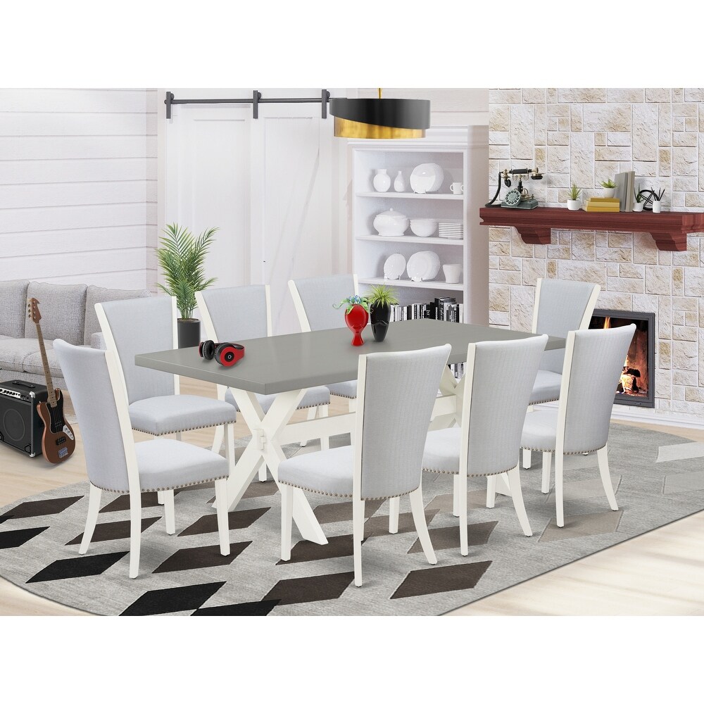 East West Furniture 9 Piece Table Set  a Kitchen Table with X Legs and 8 Linen Fabric Parson Dining Chairs(Finish Options)