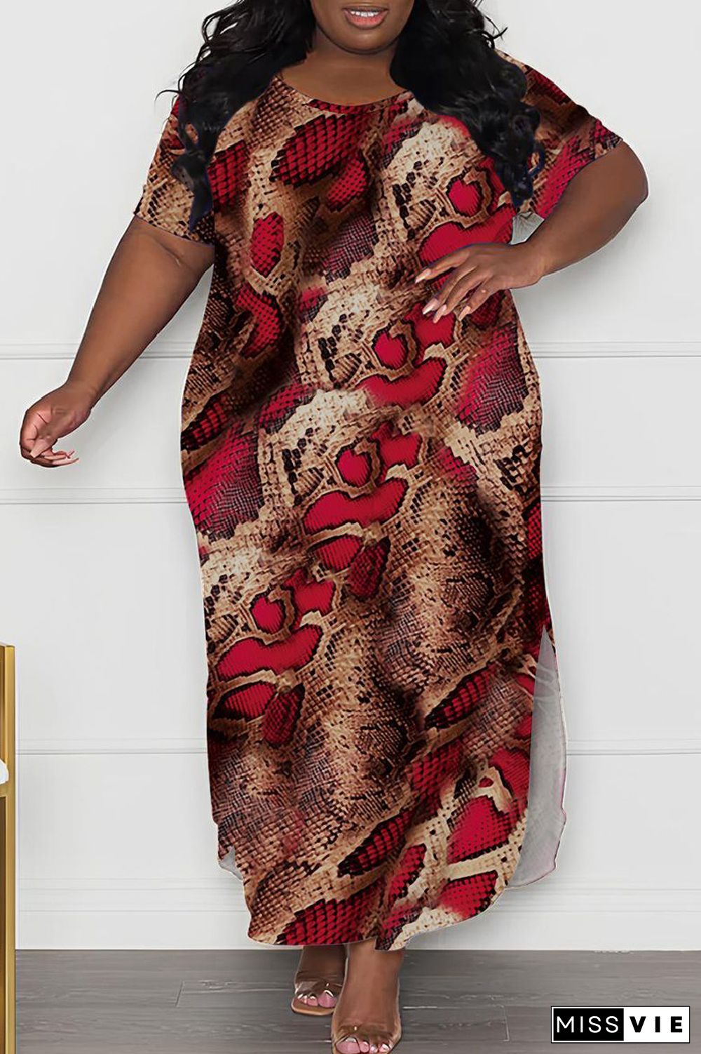 Casual Print Basic O Neck Long Plus Size Dresses