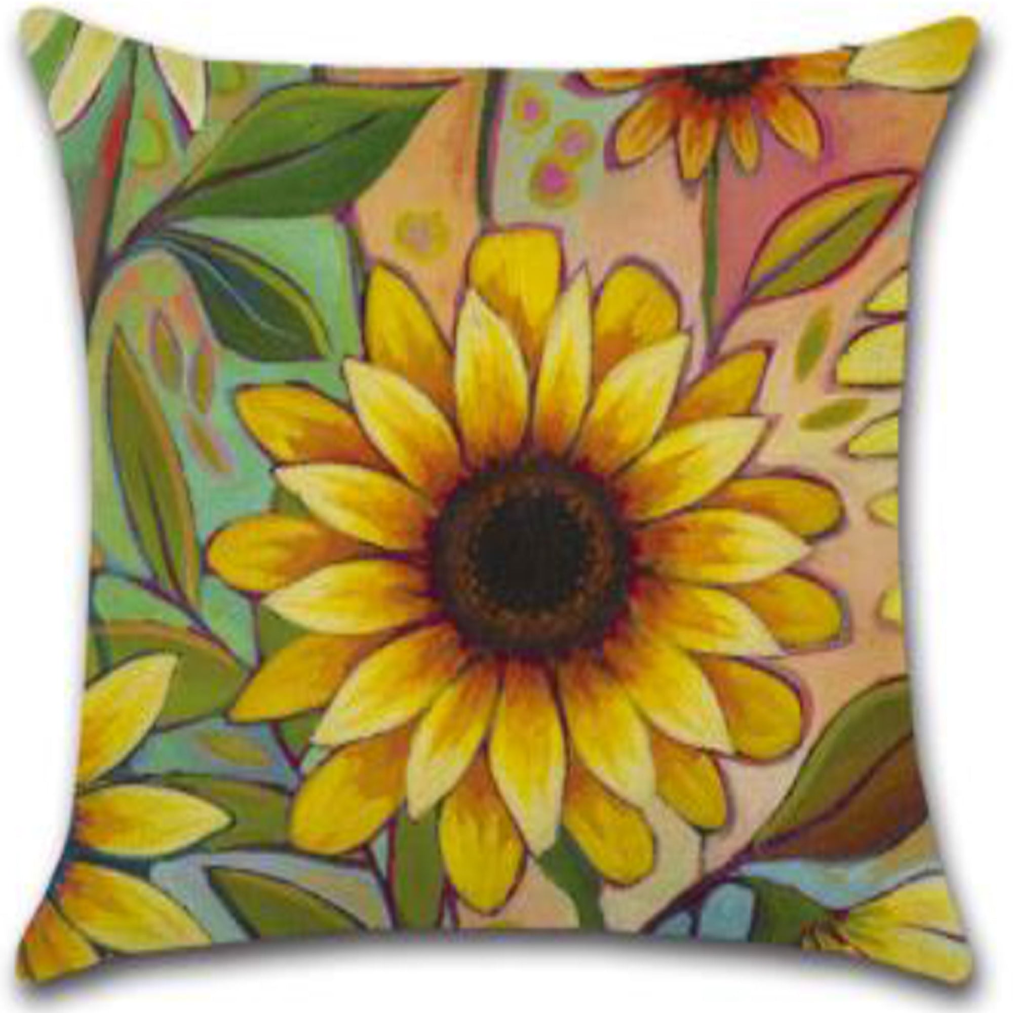 Set of 4 Pillow Covers 18x18, Sunflowers and Wildflowers Pattern Style, Cotton Linen Fabric Decorative Indoor / Outdoor Throw Pillow Case Set 45x45cm