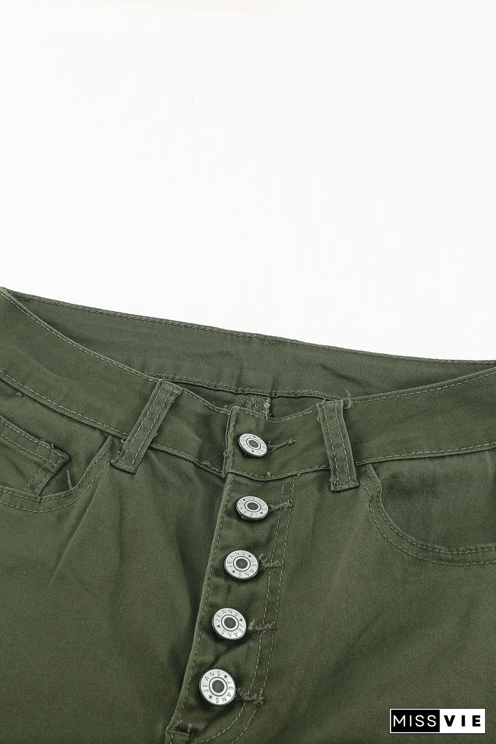 Green Plain High Waist Buttons Frayed Cropped Denim Jeans