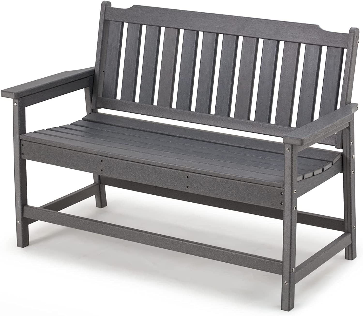 Erommy 49" Patio Outdoor HDPE Garden Bench with Armrests, Weatherproof Porch Bench with Stable Back for Lawn, Grey